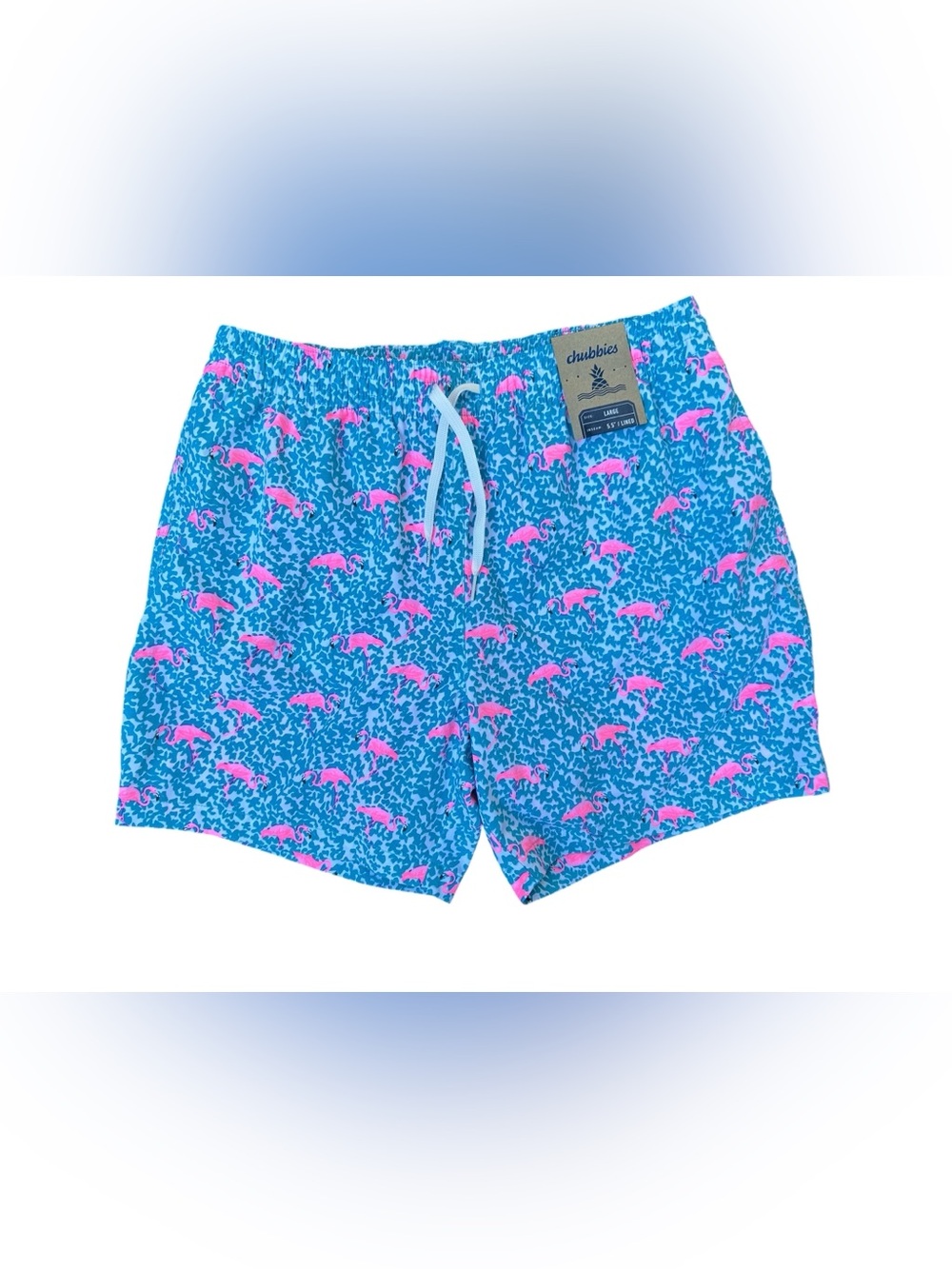 NWT Chubbies Men’s Large Bright Blue Flamingo Print Swim Shorts Trunks